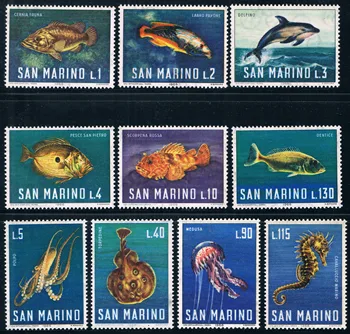10 шт./компл. Новая почтовая марка Сан-Марино 1966 г. Марки с морскими животными океана MNH