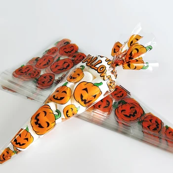 100шт Пластиковых пакетов для конфет на Хэллоуин, Тыквенная летучая мышь, Прозрачные треугольные пакеты для украшений на Хэллоуин, принадлежности для конфет, пакеты для конфет