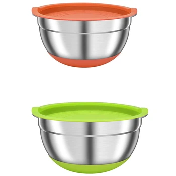 2 чаши для смешивания с герметичными крышками, разноцветные металлические чаши-насадки из нержавеющей стали для кухни, нескользящий силикон