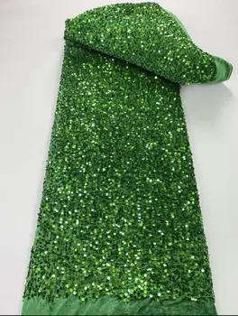 2023 Модная Африканская Бархатная кружевная ткань Высокого качества, швейцарская кружевная вышивка, 3D зеленая сетка с блестками, 5 ярдов, сшитое вечернее платье YYZ9136