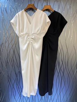 2023 новая женская мода с коротким рукавом, V-образным вырезом, молнией сзади, талией, морщинистым изгибом, однотонное платье, платье 0603