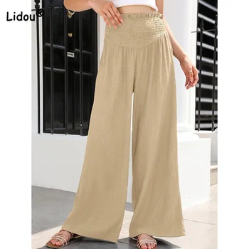 2023 Новая женская одежда, плиссированные эластичные брюки со средней талией, повседневные хлопчатобумажные льняные планки, изношенные однотонные широкие брюки