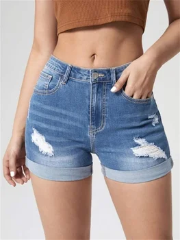 2023 Новые женские летние рваные джинсовые шорты в рулонах, модные обтягивающие сексуальные шорты с высокой эластичностью, джинсы, черный/синий S-2XL
