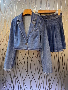 2023 новый женский модный костюм, джинсовая куртка с воротником + плиссированная юбка, комплект из 2 предметов 1623