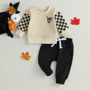 2023 Одежда для младенцев и мальчиков на Хэллоуин, свитшоты с длинными рукавами и штанами с рисунком скелета в шахматном порядке, Комплекты детской одежды