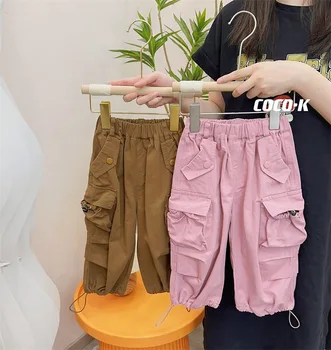 2023 Осенняя новая детская одежда из бутика, повседневные брюки, повседневные Свободные Модные Тонкие Корейские однотонные эластичные талии, универсальные