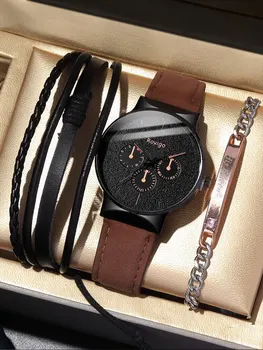3шт Модный Деловой повседневный мужской коричневый ремень, кварцевые часы + набор браслетов из искусственного плетеного сплава