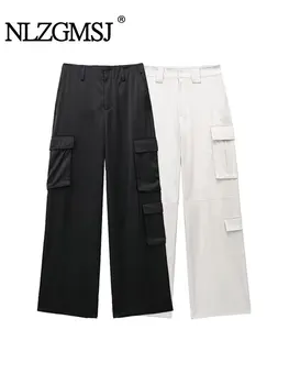 Nlzgmsj TRAF, Весенне-осенние брюки-карго, женские 2023, Винтажные, с прямым карманом, Белые, Черные, Широкие Брюки, Уличная одежда