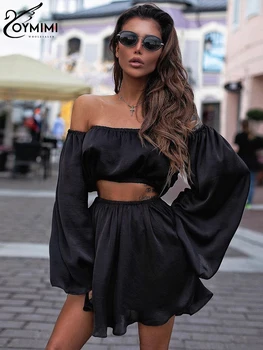 Oymimi, сексуальные свободные черные юбочные комплекты для женщин, 2 предмета, модный укороченный топ с разрезом на шее и длинным рукавом, мини-юбки с высокой талией, комплект