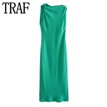 TRAF 2023 Зеленое Длинное Платье Женское Летнее Платье Без Рукавов С Рюшами Элегантные Вечерние Платья Для Женщин Миди Вечерние Платья