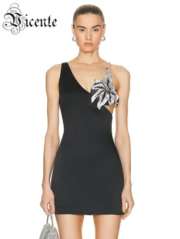 VC Вечернее Черное Мини-платье, женское Роскошное платье с бриллиантами на бретельках, бандажное облегающее платье, женская одежда Vestidos