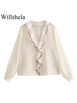 Willshela Женская модная бежевая блузка с оборками, винтажные рубашки с V-образным вырезом и длинными рукавами, шикарные женские рубашки