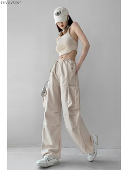 WOMENGAGA Брюки американского дизайна на шнуровке с высокой талией, женские широкие брюки-карго, повседневные брюки, брюки с прямыми штанинами DYPO