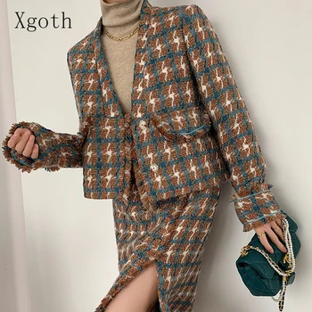 Xgoth Универсальный тонкий женский костюм с темпераментом, новинка 2023, осенне-зимний повседневный комплект из двух предметов в клетку/цельный комплект