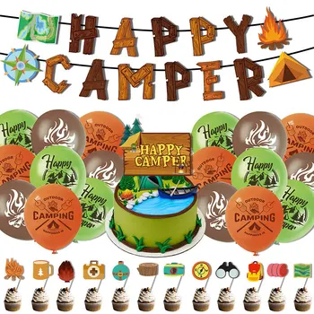 Баннер Happy Camper, воздушные шары на тему кемпинга, Топперы для тортов на День рождения, барбекю, Пикник, Выходные, приключения на свежем воздухе, принадлежности для вечеринок