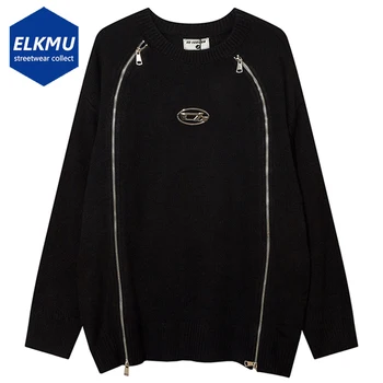 Бежевый Черный свитер Y2K, уличная одежда в стиле харадзюку, хип-хоп, мужской свитер с двойной молнией, свободный вязаный свитер, джемпер, пуловер