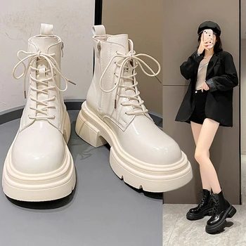 Белые ботильоны, Сапоги-Женская обувь, Роскошная дизайнерская обувь с круглым носком на плоском каблуке, Низкая 2023, Женская осенняя мода в стиле Мед Рок