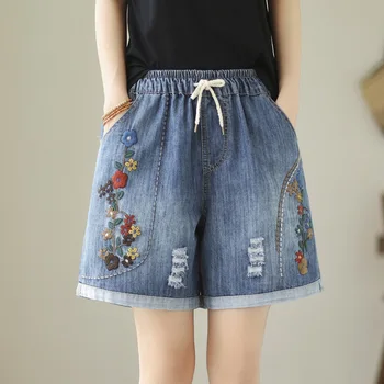 Джинсовые шорты с вышивкой в японском стиле для женщин, летние джинсовые шорты в этническом стиле с эластичным поясом, синие цветы, джинсовые шорты с вышивкой y2k