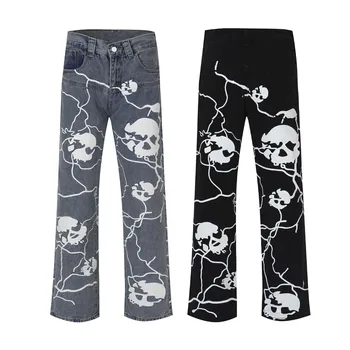 Джинсы с принтом черепа Y2K, мужские джинсы в стиле хип-хоп, прямые брюки в стиле харадзюку в стиле панк, джинсы из денима, свободные уличные хлопковые брюки