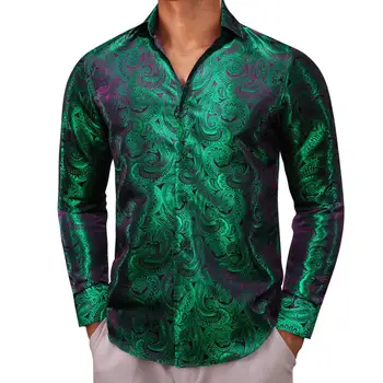 Дизайнерские рубашки для мужчин, шелковые, с длинным рукавом, зеленые, с узором Пейсли, приталенные мужские блузки, Повседневные вечерние топы, дышащие Barry Wang