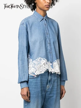 Женская джинсовая рубашка TWOTWINSTYLE с кружевами и лацканами, Однобортная винтажная блузка в стиле пэчворк с длинным рукавом в стиле пэчворк, женский модный стиль
