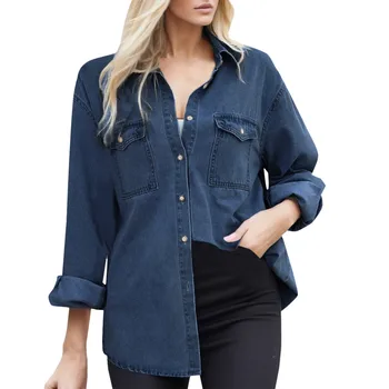 Женская джинсовая рубашка с длинными рукавами, светлая приталенная Классическая женская блузка, уличная одежда с карманами, рубашки оверсайз