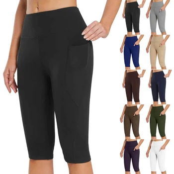 Женские брюки-капри для йоги M89E с карманами, тренировочные штаны для йоги с высокой талией, леггинсы, эластичные брюки для контроля живота, брюки-капри