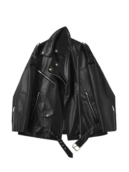 Женские куртки из искусственной кожи, свободное повседневное пальто с открытыми плечами, верхняя одежда для мотоциклистов с поясом, осень