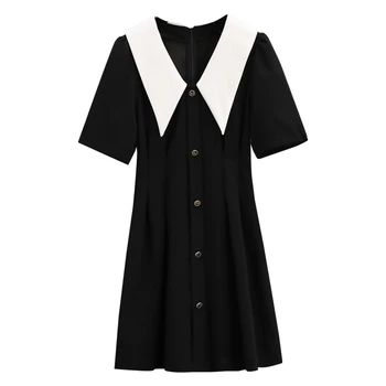 Женские мини-платья-рубашки большого размера с V-образным вырезом и коротким рукавом, повседневные женские элегантные летние платья трапециевидной формы, черные однобортные вечерние платья для вечеринок
