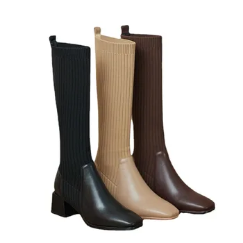 Женские носки и ботинки 2023, новые винтажные осенне-зимние сапоги на толстом каблуке, тонкие и высокие сапоги w-0b032