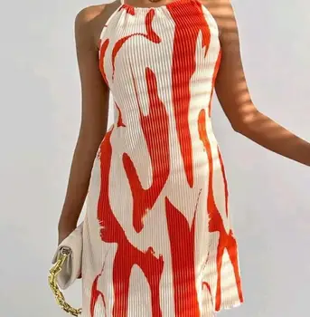 Женские платья 2023 с летним модным принтом, сексуальное повседневное платье с открытой спиной, круглый вырез, без рукавов, завязка на бедрах, мини-платье трапециевидной формы