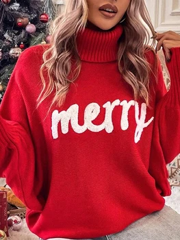 Женские рождественские свитера, водолазка с длинным рукавом, пуловер с буквенной вышивкой, повседневные трикотажные топы