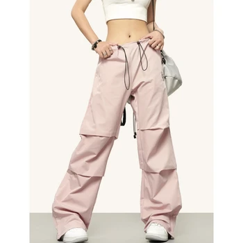 Женские розовые брюки-карго в американском винтажном стиле Y2K, прямые широкие брюки, уличные женские летние НОВЫЕ брюки