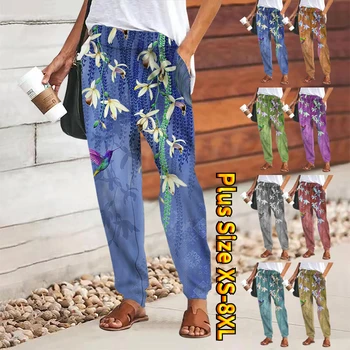 Женские широкие брюки с цветочным принтом, Повседневные брюки с боковыми карманами, Повседневные Модные Удобные Свободные брюки большой длины большого размера
