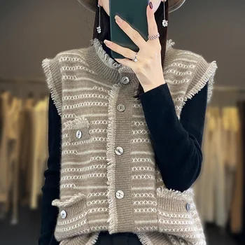 Женский жилет из 100% шерсти, кардиган, вязаная куртка с круглым вырезом, свитер, свободная корейская модная кашемировая женская куртка