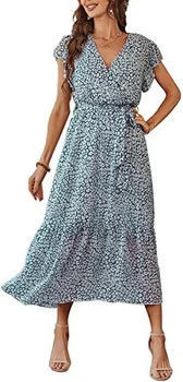 Женское летнее платье с цветочным рисунком, V-образный вырез, короткие рукава, пояс, плиссированный подол, богемная длинная юбка трапециевидной формы