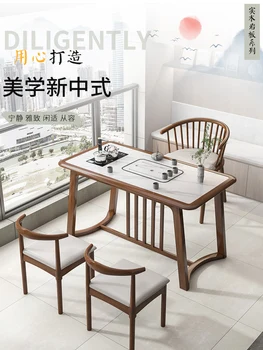 Журнальный столик из массива дерева на балконе, стул, небольшой блок, Новый китайский семейный чайный столик из каменной плиты, набор из трех предметов