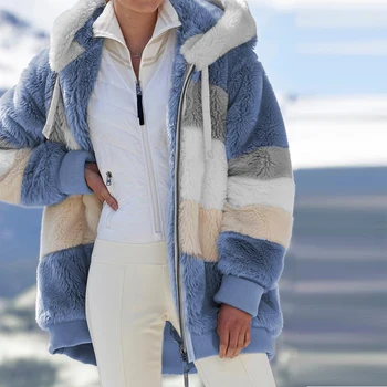 Зимнее женское Плюшевое пальто 2021, Модные куртки на молнии с капюшоном, повседневная теплая женская парка из искусственного меха в клетку с объемной строчкой,