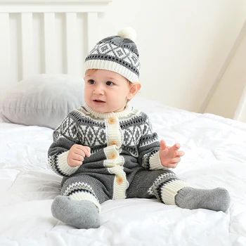 Зимний детский комбинезон, шапки, комплект одежды, осенние трикотажные комбинезоны для новорожденных мальчиков и девочек с длинными рукавами, костюмы для малышей от 0 до 24 м