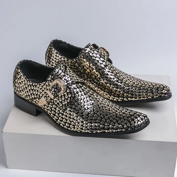 Золотые свадебные туфли для мужчин, Лоферы, квадратный носок, ремешок с пряжкой, Весенне-осенняя Серебристо-черная мужская обувь ручной работы