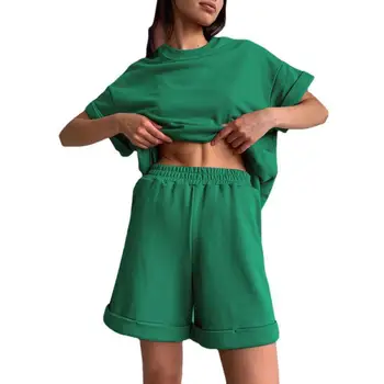 Летний женский спортивный костюм, Шорты с футболкой, куртка-двойка, Свободная хлопковая одежда оверсайз зеленого цвета, женская повседневная спортивная одежда