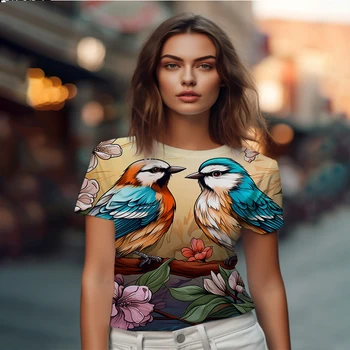 Летняя новая женская футболка с двумя птицами, женские футболки с 3D принтом, красивая повседневная женская футболка, трендовая модная женская футболка