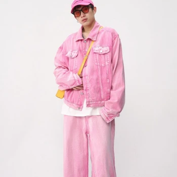 Летняя розовая джинсовая куртка Прямые джинсы Повседневный комплект Модное повседневное короткое пальто Брюки Костюм Мужская одежда