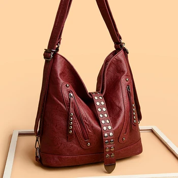 Многофункциональный кожаный рюкзак, сумка через плечо, высококачественный женский модный рюкзак с заклепками, повседневная сумка-тоут, роскошная дизайнерская сумка