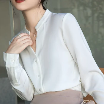 Модные шифоновые блузки для женщин, одежда, белые рубашки с длинными рукавами, женские элегантные однотонные топы с V-образным вырезом и пуговицами, офисные дамы