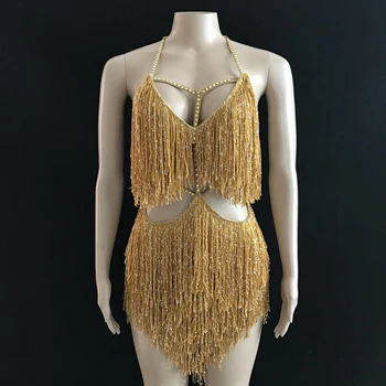 Модный костюм с золотой бахромой, платье с кисточками, вечерняя одежда для дня рождения, танцевальная одежда для певицы из ночного клуба, одежда для выступлений.