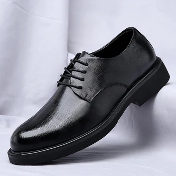 Мужская деловая Обувь 2023, Новая Модная Кожаная Обувь Для зрелых Мужчин На шнуровке, Повседневная модельная свадебная Обувь с Острым Носком для мужчин