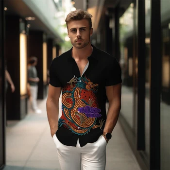 Мужская рубашка с 3D принтом Дракона, Повседневная Мужская рубашка В Китайском стиле, Высококачественная Летняя Мужская рубашка, Модный Тренд, Свободная Мужская рубашка