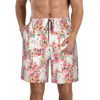 Мужские плавки с принтом в виде розовых цветов для собак, Быстросохнущие пляжные плавки с завязками на талии, пляжные шорты с сетчатой подкладкой