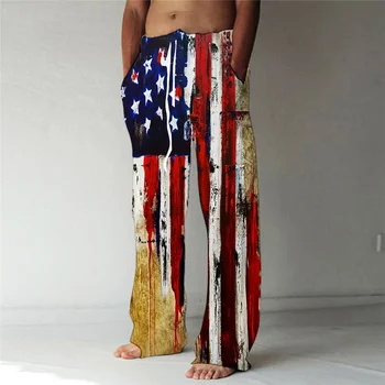 Мужские прямые брюки с 3D принтом Национального флага США, эластичный дизайн на шнурке, брюки с передним карманом, пляжные повседневные брюки